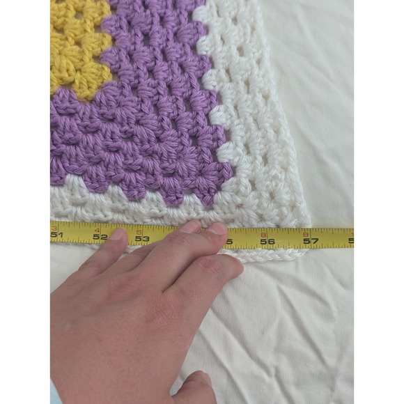 VTG Crochet Baby Afghan Blanket Throw Yellow Purple Pink Pastel 57x56 Square - Picture 5 of 6